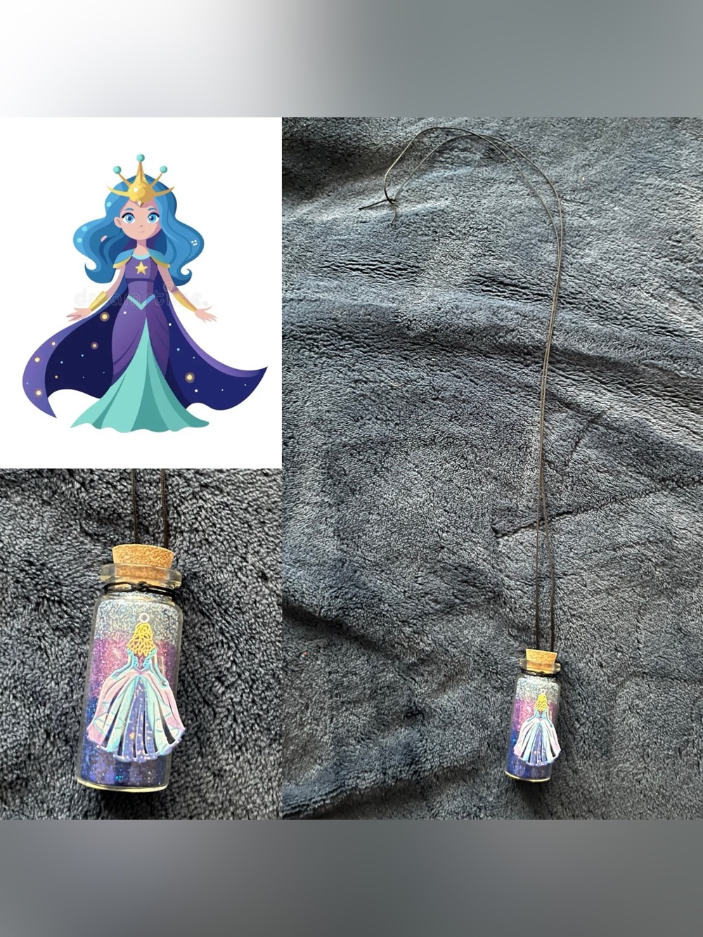 Blue & Purple Princess Inspired Glass Potion Fairy Bottle Necklace w/ Pendant